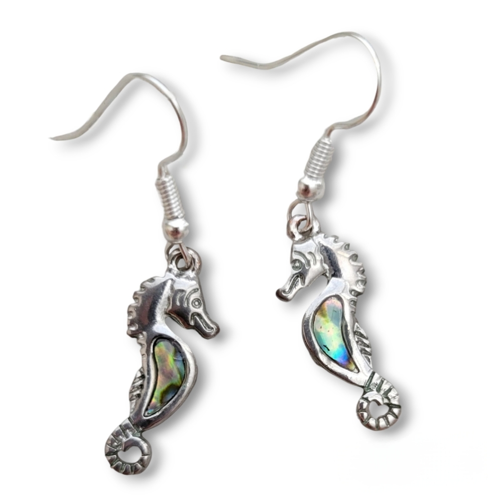 Cute Abalone Seahorse Silver Earrings Seahorse Earrings Silver Dangle Earrings